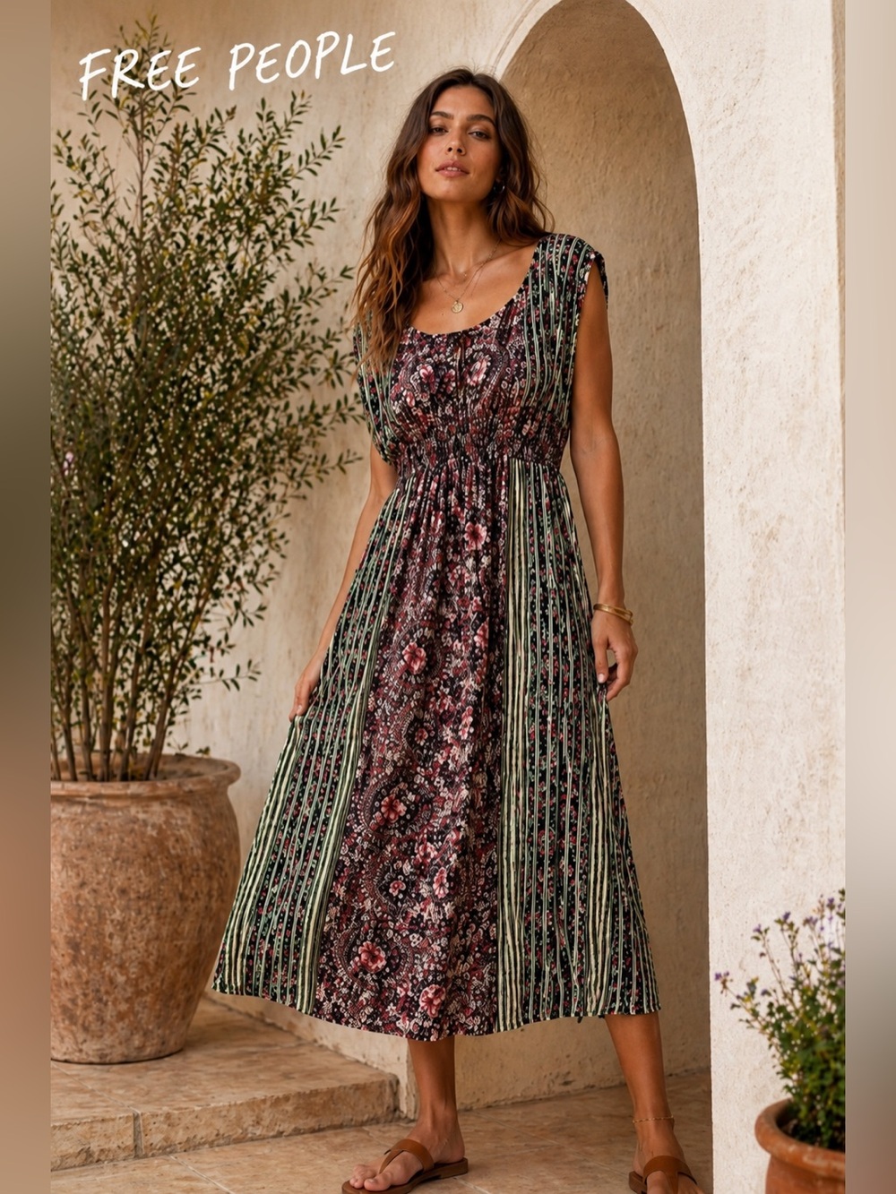 Free People Mayan Temple Midi Dress Stripe Floral Size 6 Festival Boho Chic Y